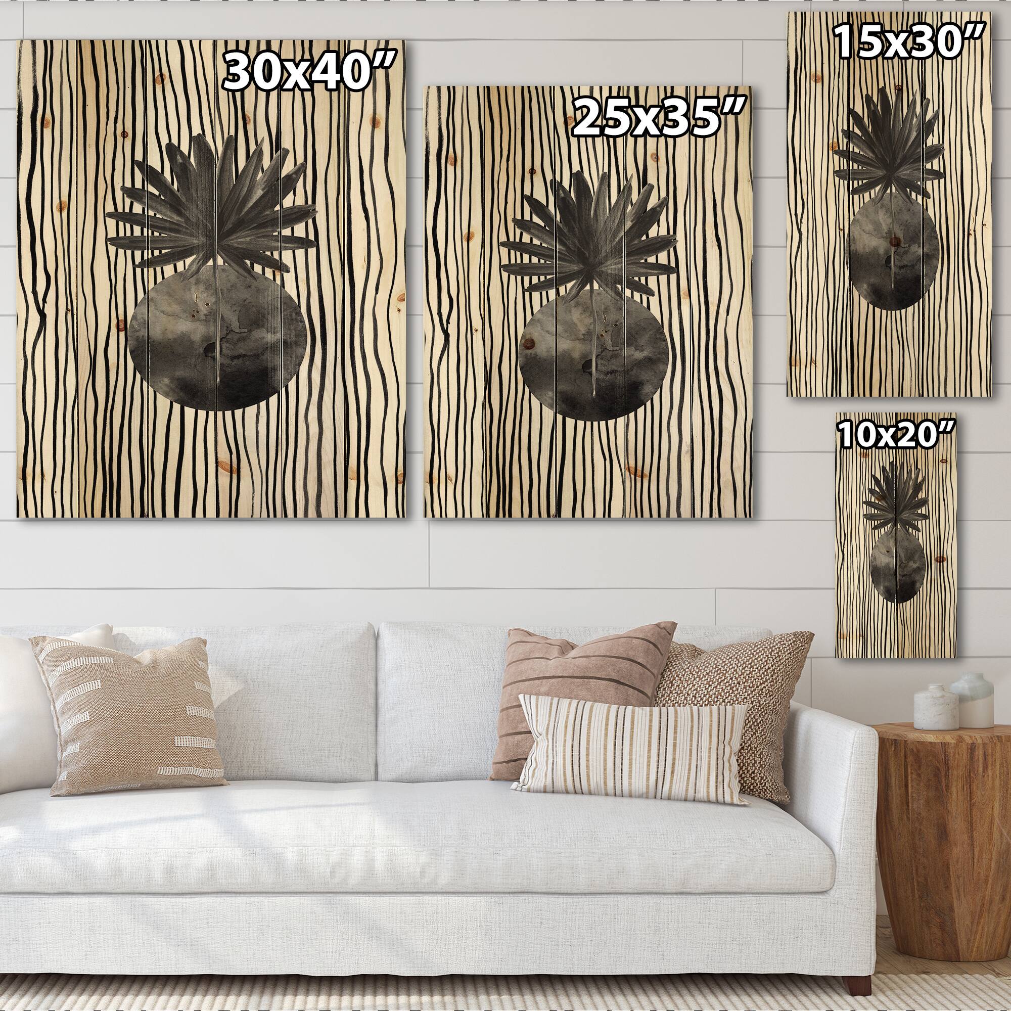 Designart - Black and White Tropical Leaf On Striped I